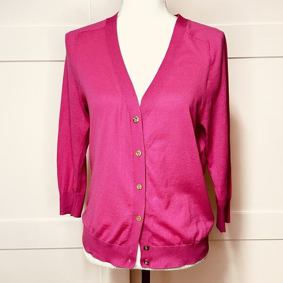 Trina Turk Cotton Knit Cardigan Sweater Women’s Sz L Gold‎ Metal Buttons Pink - Picture 1 of 8